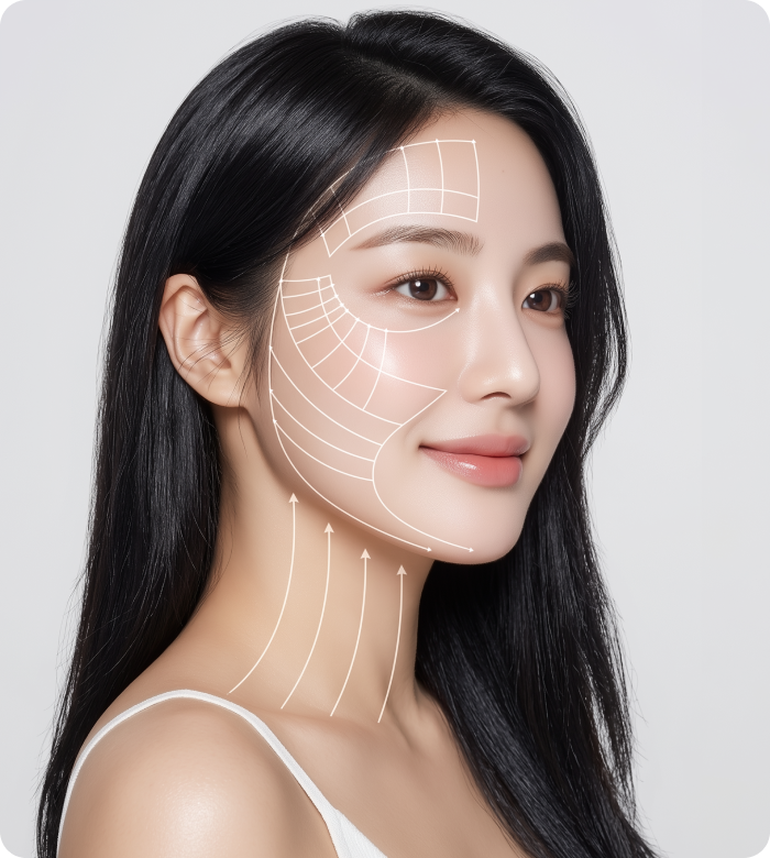 강남 신사역 지우개의원의 울쎄라피 프라임 페이스라인 리프팅 방향 및 SMAS 근막층 타깃 부위 시각화 모델 이미지